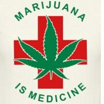 Red cross with a green marijuana leaf in front and the words Marijuana is Medicine