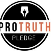 Black circle with lightbulb image in middle top, the word Protruth across the middle in black and orange on white and the word pledge in white below