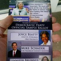 Flier with faces  of men and women running for office with words Democratic Party sample ballot