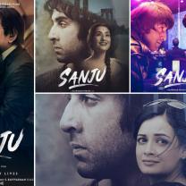 Several squares of photos of close-up of man's face and the word Sanju