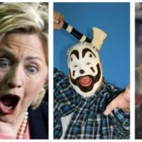 Hillary with mouth and eyes scarily open, Insane Clown Posse guy in scary whiteface with an ax, and Trump with his hair blowing straight up in the air