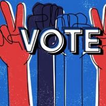 Colorful image of two fists of different colors and two hands making peace signs behind the word VOTE