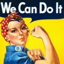 Drawing of white woman with red bandanna on her head making a fist and showing her bulging bicep muscle and above the words We Can Do It