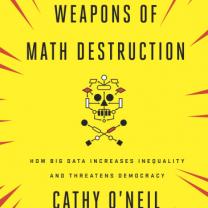 Yellow book cover with title weapons of math destruction and a digital skull and crossbones