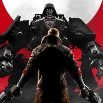 A red and white background with a superhero character all in black with his back to us and his collar up in the back holding what looks like guns in each hand and facing a transformers looking monster man