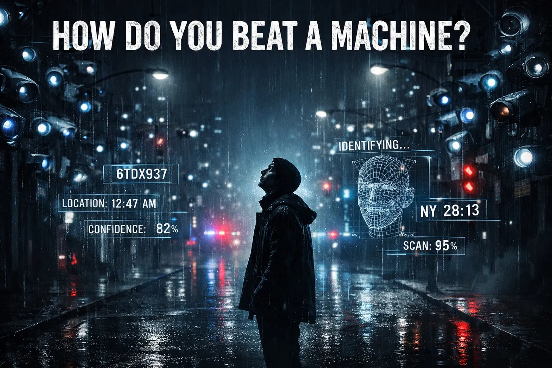 Man standing among AT images