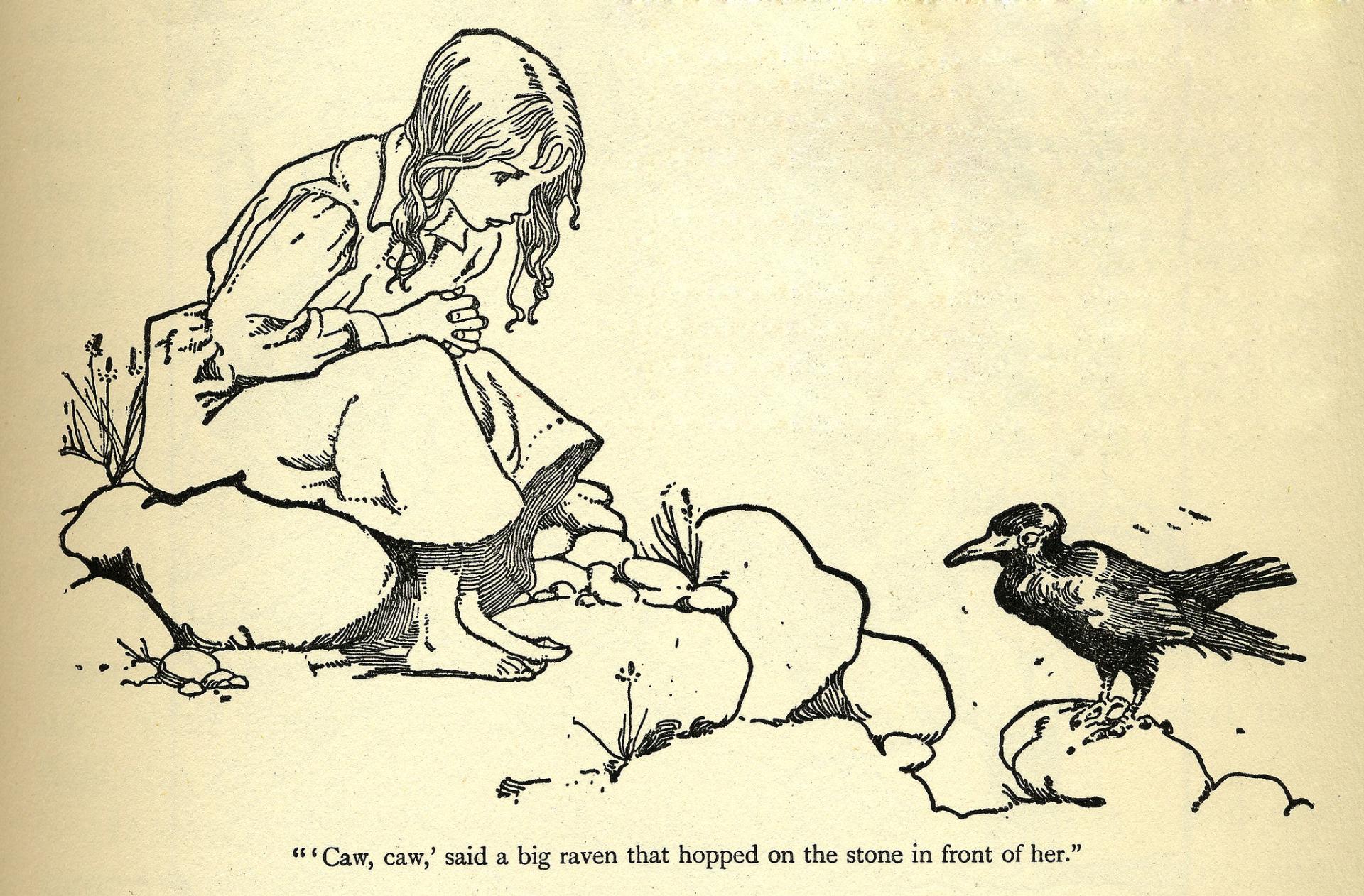Cartoon Crow talking to little girl